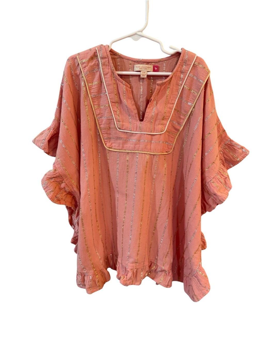 Pink Chicken Coral Metallic Stripe Ruffled Poncho Top 6-8y